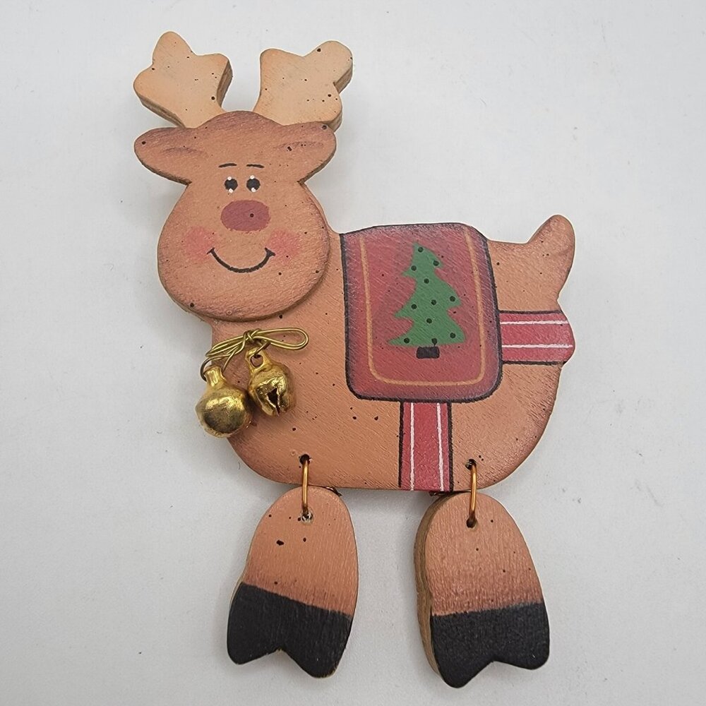 Fun Comical Articulated Legs Reindeer Christmas Bells Pin Brooch Wood